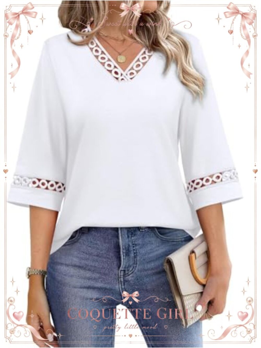 Womens Eyelet Lace V Neck Blouse 3/4 Bell Sleeve Dressy Work Top